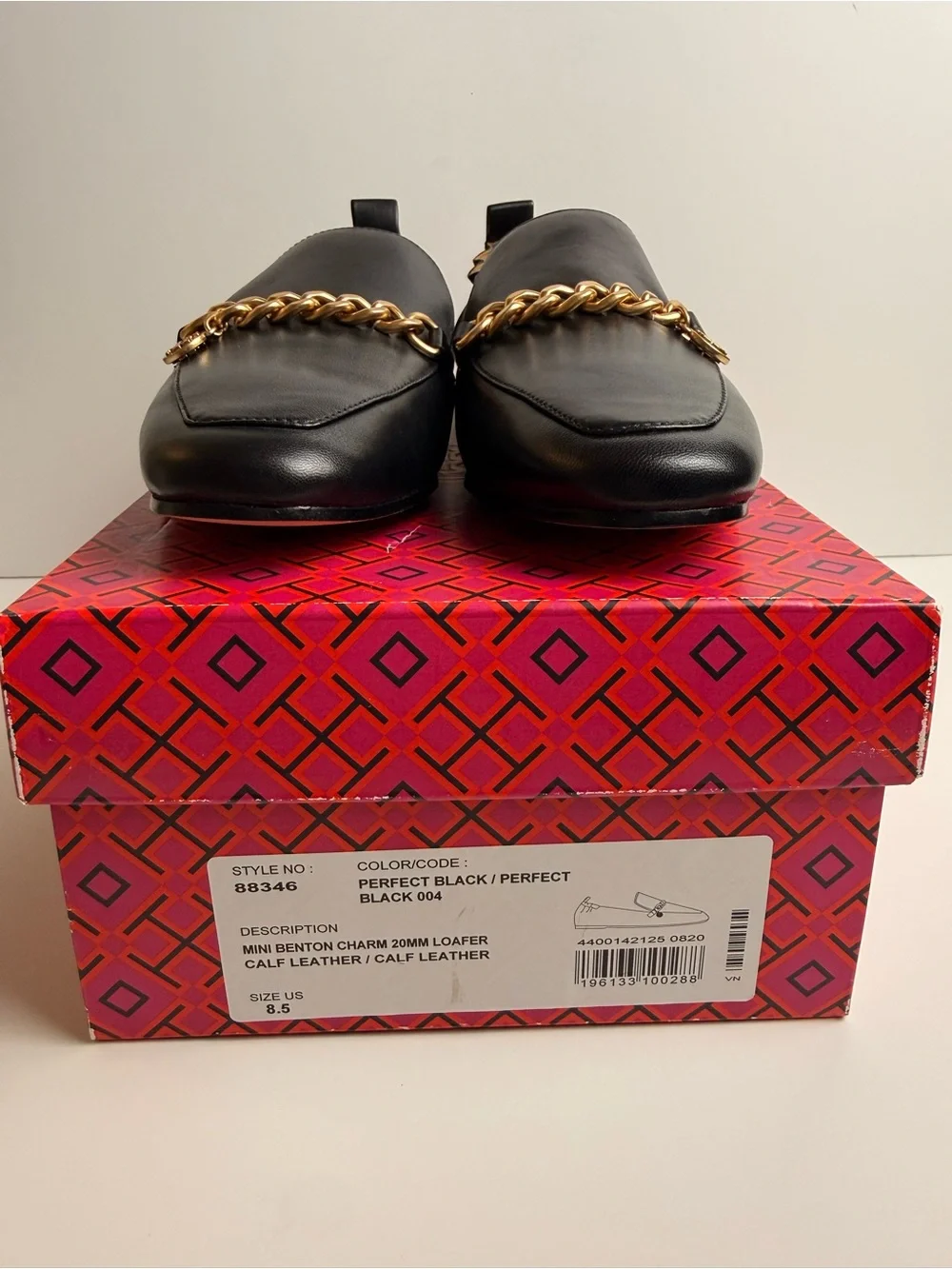 Tory Burch Mini Benton Charm 20mm Loafers Black Calf Leather Gold Chain 8 & 8.5